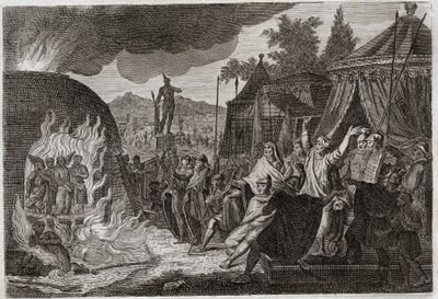 Bible de Royaumont, Ancien Testament : Les trois enfants de Babylone dans la fournaise. Le roi Nabuchodonosor II jette trois jeunes Hébreux dans une fournaise ardente, d