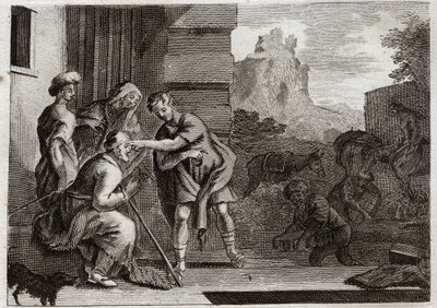 Bible de Royaumont, Ancien Testament : Tobie recouvre la vue. Le jeune Tobie rend la vue à son père en passant sur ses yeux le fiel du poisson qu
