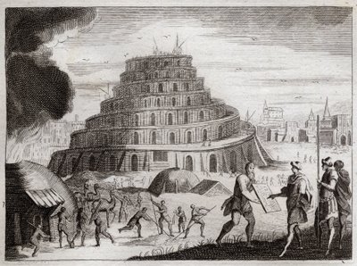 Bible de Royaumont, Ancien Testament : Tour de Babel. Les hommes veulent par vanité élever une tour jusqu