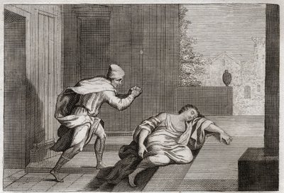 Bible de Royaumont, Ancien Testament : Femme du Lévite outragée. La femme du Lévite fut trouvée morte à la porte après avoir été abusée par des voyous. Illustration de 1811. - Unknown artist