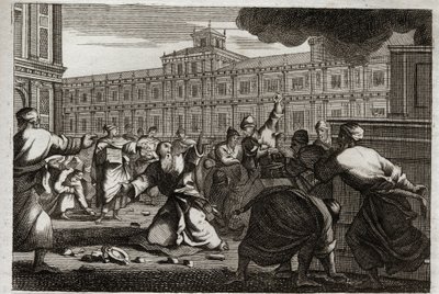 Bible de Royaumont, Ancien Testament : Zacharie lapidé. Zacharie, le grand prêtre, est lapidé sur l
