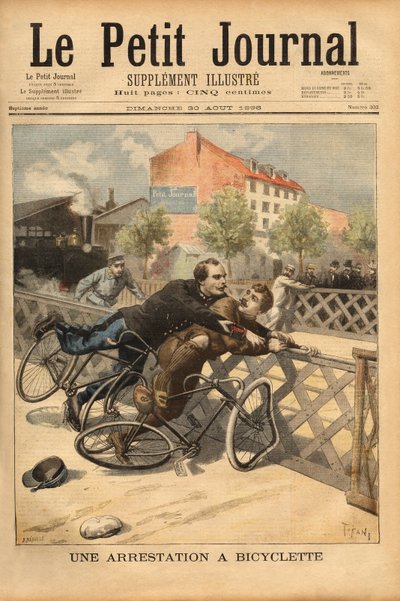 Arrestation à vélo près de Champigny. Gravure dans "Le petit journal" 30/08/1896. Collection Selva - Unknown artist