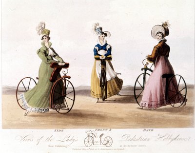 Bicyclette pour femmes vue de face, de côté et de dos. Modèle inventé par le baron von Drais : la draisienne. Elle était en bois et n