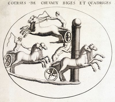 Courses de chevaux Biges et quadriges. Gravure du 19ème siècle - Unknown artist