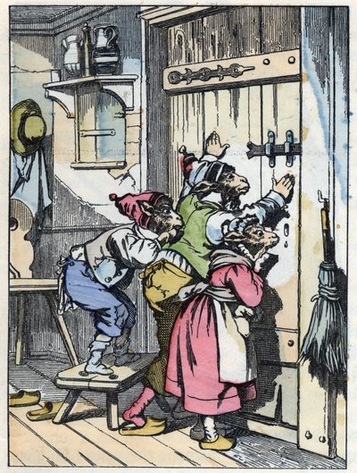 Les biquets écoutent qui frappe à la porte. Illustration du conte "Compère le Loup, Maître Renard, Commère la Chèvre et ses petits biquets" d