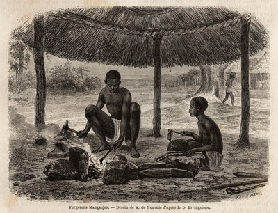 Forgerons manganjas (groupe ethnique de la région du Zambèze). Gravure pour illustrer les premiers voyages du Dr Livingstone en Afrique australe de 1840 à 1856, dans « Le tour du monde, nouveau journal des voyages » publié sous la direction d