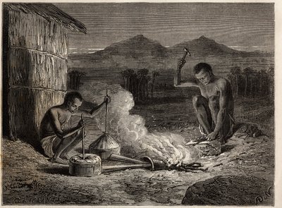 Forgerons à Simiango, sur les rives du fleuve Zambèze. Gravure pour illustrer les premiers voyages du Dr. Livingstone en Afrique australe de 1840 à 1856, dans « Le tour du monde, nouveau journal des voyages » publié sous la direction d