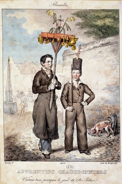 Apprentis chaudronniers visitant leurs pratiques le jour de la Saint-Gilles (Bruxelles) - Lithographie, début 19ème siècle - Unknown artist