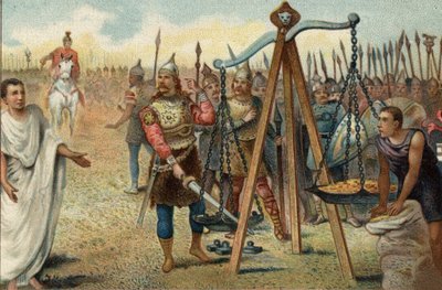 Brennus mettant son épée dans la balance, 390 av. J.-C. : Sac de Rome par les Gaulois dirigés par leur chef Brennus (Brennos). Face à la résistance des Romains, Brennus accepta de traiter avec le tribun militaire romain Quintus Sulpicius : il quitta Rome c - Unknown artist