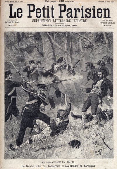 Brigandage en Italie : un combat entre gendarmes et bandits en Sardaigne. (Briganti Sardi, Sardegna) Gravure dans « Le Parisien » - Unknown artist