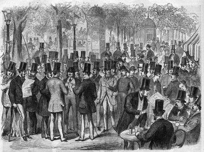 Courtiers près de la petite Bourse du boulevard des Italiens à Paris, France. Gravure dans "L