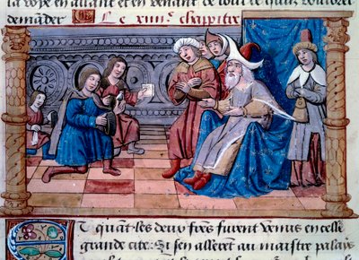 Les frères Nicolo et Matteo Polo, père et oncle du jeune Marco Polo (1254-1324) furent reçus à la cour du Grand Qubilai (Kubilai Khan, premier empereur de la dynastie mongole Yuan (1215-1294), empereur mongol en 1271). Miniature tirée de « - Unknown artist