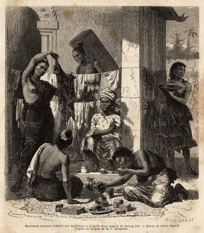 Marchands birmans vendant des tissus et des parfums à des femmes laotiennes - Unknown artist