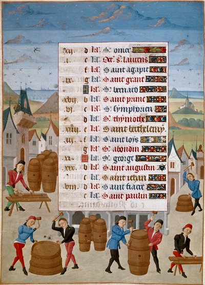 Calendrier : août - Fabrication de tonneaux de vin - Miniature de Maître Jean de Rolin des "Heures d
