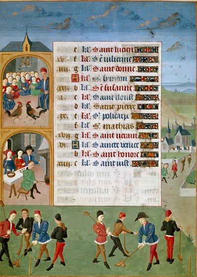 Calendrier : Février, les différents jeux : une sorte de cricket, les combats de coqs - Miniature du Maître de Jean Rolin tirée du manuscrit "Les Heures d