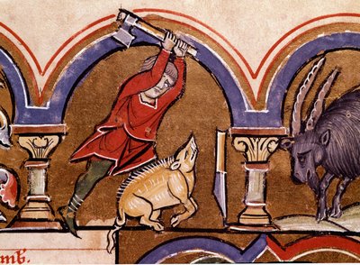 Calendrier : Novembre. Les cochons sont abattus. (détail) Miniature du Psautier de Sainte Élisabeth 13e siècle Cividale, Museo Archeologico - Unknown artist