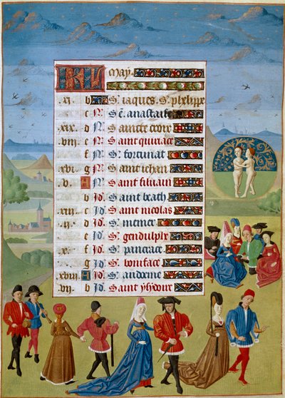 Calendrier : le mois de mai, danses et jeux - Miniature du Maître de Jean Rolin du manuscrit « Les Heures d