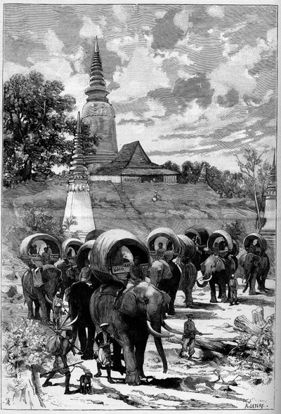 Cambodge : caravane de chasse du protectorat français devant la montagne de Dame Penh (Phnom Penh). Dans « Le Monde Illustré » n°1312 du 20 mai - Unknown artist