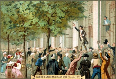 Camille Desmoulins au Palais Royal (12/07/1789). Chromolithographie du 19ème siècle - Révolution française / Camille Desmoulins appelle à la prise de la Bastille, Paris - Unknown artist
