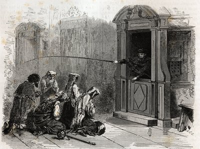 Pratiquants catholiques en prière, recevant la pénitence ordinaire, fouets administrés par un prêtre depuis le confessionnal. Gravure pour illustrer l