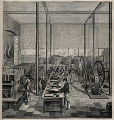 Celluloïd : fabrication de celluloïd. Gravure de 1885 dans « Les arts et métiers illustrés » par Adolphe Bitard - Unknown artist