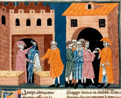 Charité au Moyen Âge : « assistance publique ». Scène de charité et d