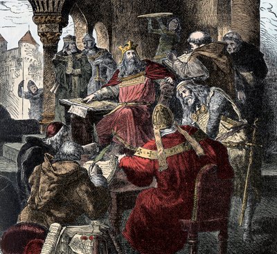 Charlemagne (742 - 814) sur son trône présidant l