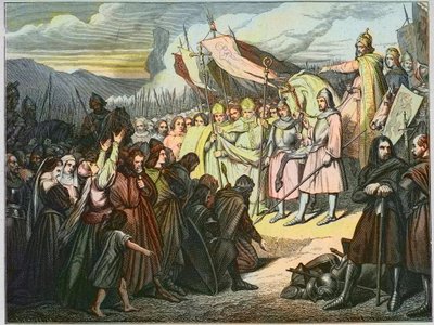 Charlemagne accepte la reddition de Wittekind à Paderborn (785) - Victoire de Charlemagne (742-814) sur le bras saxon de Widukind de Saxe (Wittekind) en 785 (Widukind ou Witikind - Widukind des guerres saxonnes : chef germanique des Saxons Widukind capitul - Unknown artist