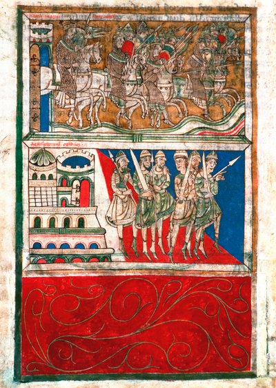 Charlemagne et ses chevaliers quittent Aix-la-Chapelle et se rendent à Saint-Jacques-de-Compostelle Miniature du « Codex Calixtinus » (Livre de Saint Jacques), vers 1140. fol. 162 v. Archives de la cathédrale de Saint-Jacques-de-Compostelle (Santiago de Co - Unknown artist