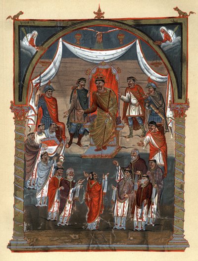 Charles II le Chauve, roi de France, recevant une délégation de moines de Tours. Fac-similé en chromolithographie du XIXe siècle d