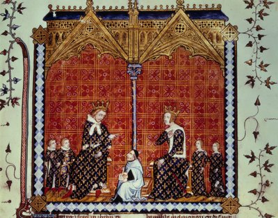Charles V le Sage et Jeanne de Bourbon, entourés de leurs enfants. Miniature du manuscrit « Rational des divins offices » (Folio 1), décrit par Guillaume Durand et traduit par Jean Golein - Unknown artist