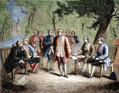 Charles de Secondat Montesquieu avec le cénacle scientifique au château de Clairac, France - Le cénacle scientifique du château de Clairac : Montesquieu et le baron de Secondat, son fils, le chevalier de Vivens, Romas et les frères Dutilh - dans « Album de - Unknown artist