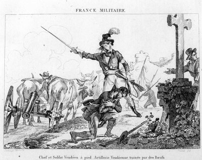 Chef et soldat à pied. Artillerie vendéenne tirée par des bœufs. Gravure du 19e siècle - Unknown artist