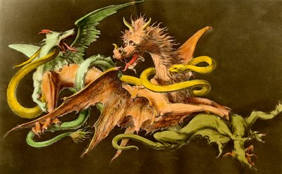 Chimères Un dragon combattant deux monstres. Gravure du 19ème siècle. - Unknown artist