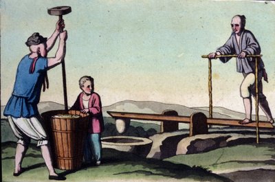 Chine, à gauche le décorticage du riz et à droite la régulation de l