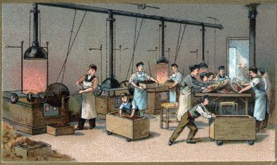 Fabrication du chocolat. Salle de torréfaction du cacao. Chromolithographie de la fin du 19e siècle. - Unknown artist
