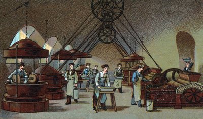 Fabrication de chocolat : atelier de broyage. Chromolithographie de la fin du XIXe siècle - Unknown artist