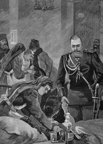 Choléra en Russie en 1892 : Alexandre III, empereur de Russie et son épouse Maria Feodorovna, impératrice de Russie visitent un hôpital. Gravure de 1892 - Unknown artist