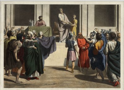 Le Christ devant Ponce Pilate : Voyant que le peuple voulait la mort de Jésus et craignant une émeute, Pilate prit de l