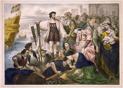 Christophe Colomb et les frères Pinzon quittant le port de Palos en Espagne le 03/08/1492 pour le Nouveau Monde. Gravure sd. 2e moitié du XIXe siècle. - Unknown artist