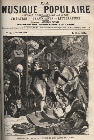 Cimarosa voit sa voiture et ses bagages saisis Domenico Cimarosa (1749-1801), compositeur italien du 18ème siècle. gravure dans « Musique Populaire » journal illustré hebdomadaire - 1882 - Unknown artist