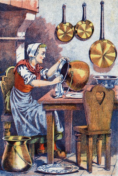 Cendrillon dans sa cuisine, Illustration pour « Cendrillon », conte de Charles Perrault (1628-1703), écrivain français. Illustration anonyme. - Unknown artist