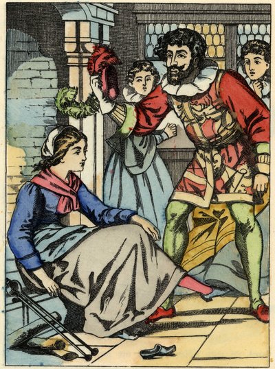 Cendrillon essaie la pantoufle de verre trouvée par le prince. Illustration du conte de Charles Perrault « Cendrillon ou La petite pantoufle de verre » - Unknown artist