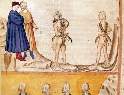 Cercle des voleurs : Vanni Fucci (13ème siècle) prédit à Dante et Virgile la défaite des Guelfes blancs. Page enluminée illustrant le 24ème chant de l