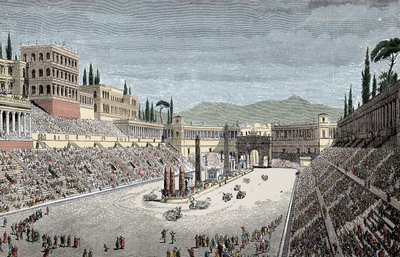 Circus Maximus - Le grand cirque ou Circus Maximus, à Rome, avec une course de chars - Gravure en couleurs - Unknown artist