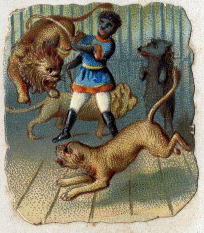 Cirque : un dompteur dans une cage avec des animaux sauvages. - Unknown artist