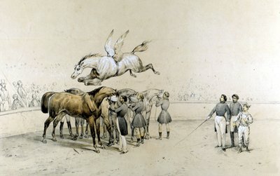 Spectacle de cirque : un cheval ailé saute par-dessus trois chevaux bandés - Unknown artist