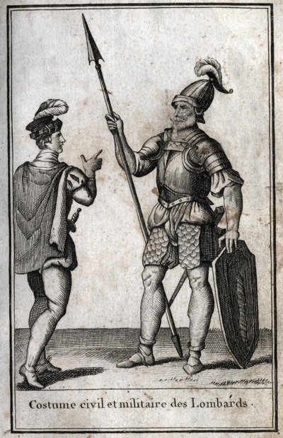 Costume civil et militaire des Lombards (Lombardie) au Moyen Âge. Gravure dans "Beauté de l