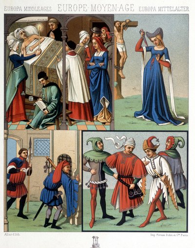 Costumes civils au Moyen Âge du XIVe au XVe siècle. Dans « Le costume historique » par A. Racinet - Unknown artist
