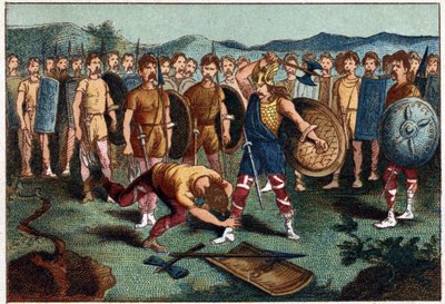 Clovis (465-511) et le guerrier franc qui a brisé le Vase de Soissons en 486 - Clovis Ier abattant le soldat qui avait brisé le Vase de Soissons, en 486. Chromolithographie du 19e siècle. - Unknown artist